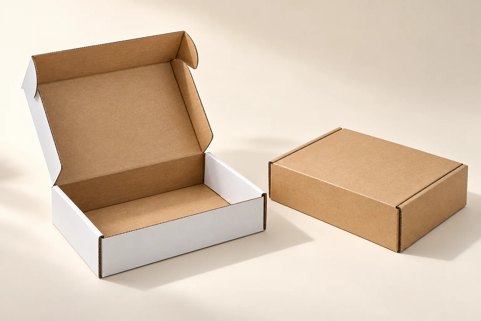 Open white die-cut mailer and closed kraft self-lock box
